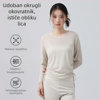 Ženski joga top s dugim rukavom i vezicom, labav kroj, dužina do bokova, 100% poliester, prozračan i brzo suši — Jesen 2025