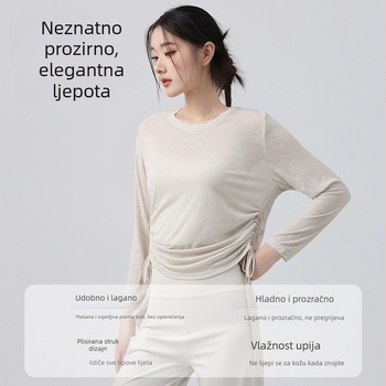 Ženski joga top s dugim rukavom i vezicom, labav kroj, dužina do bokova, 100% poliester, prozračan i brzo suši — Jesen 2025