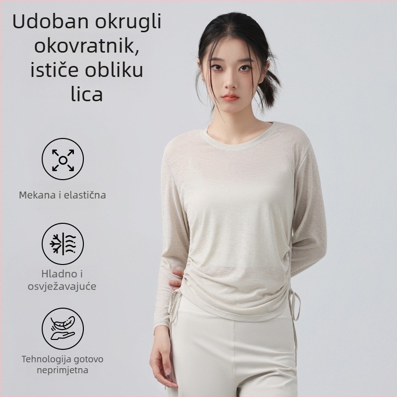 Ženski joga top s dugim rukavom i vezicom, labav kroj, dužina do bokova, 100% poliester, prozračan i brzo suši — Jesen 2025