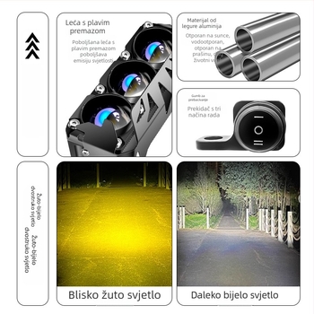 Motociklistički reflektori s tri leće, vanjska prednja svjetla za off-road, pomoćna svjetla, visoka svjetlosna snaga