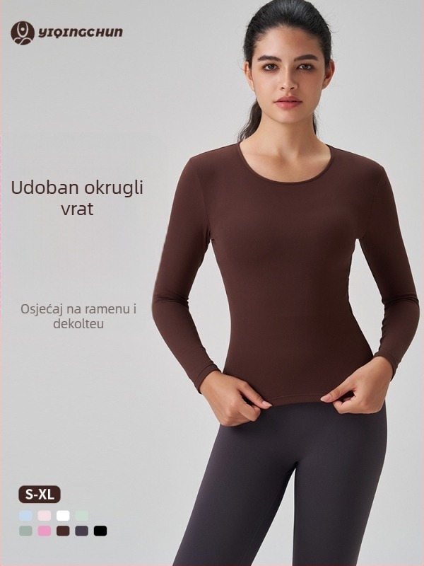 Ženski sportski top s dugim rukavom i okruglim izrezom – uski kroj, prozračan materijal od najlona i spandeksa 91%/9%, dužina do bokova, za trčanje, fitness i jogu