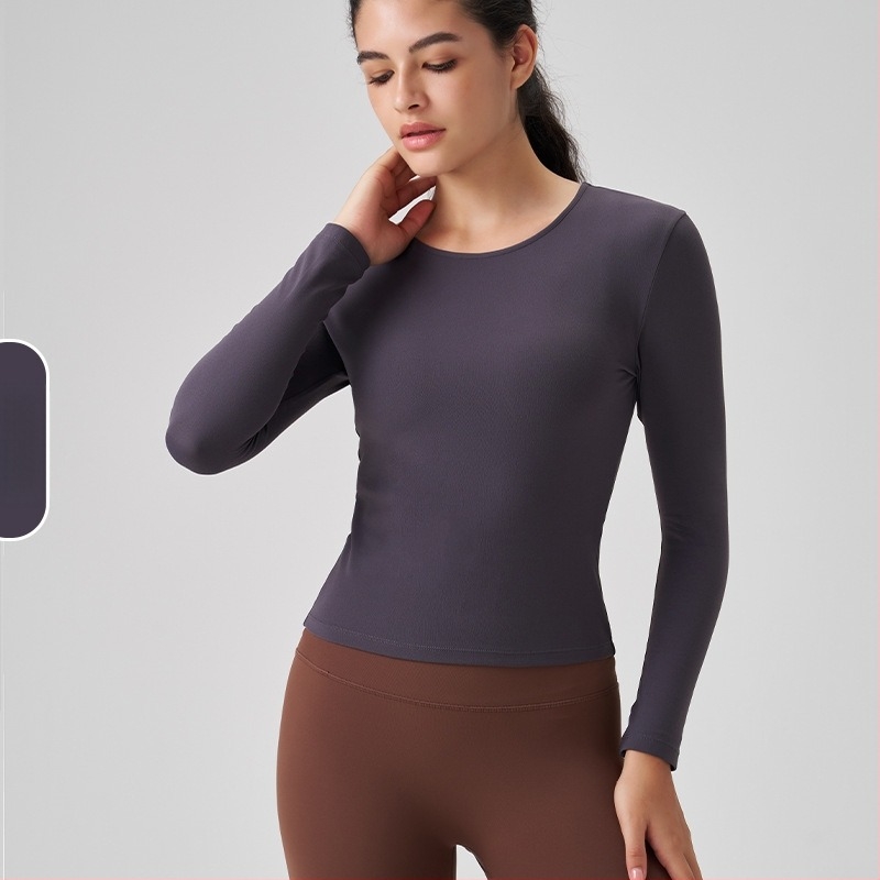 Ženski sportski top s dugim rukavom i okruglim izrezom – uski kroj, prozračan materijal od najlona i spandeksa 91%/9%, dužina do bokova, za trčanje, fitness i jogu