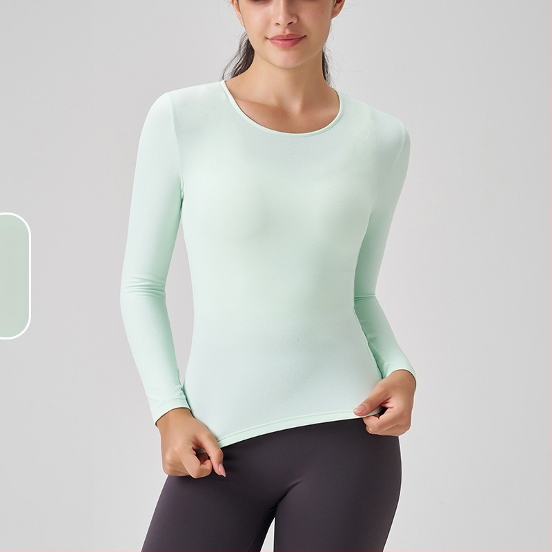 Ženski sportski top s dugim rukavom i okruglim izrezom – uski kroj, prozračan materijal od najlona i spandeksa 91%/9%, dužina do bokova, za trčanje, fitness i jogu