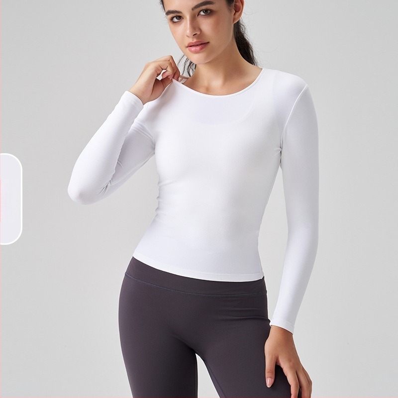 Ženski sportski top s dugim rukavom i okruglim izrezom – uski kroj, prozračan materijal od najlona i spandeksa 91%/9%, dužina do bokova, za trčanje, fitness i jogu