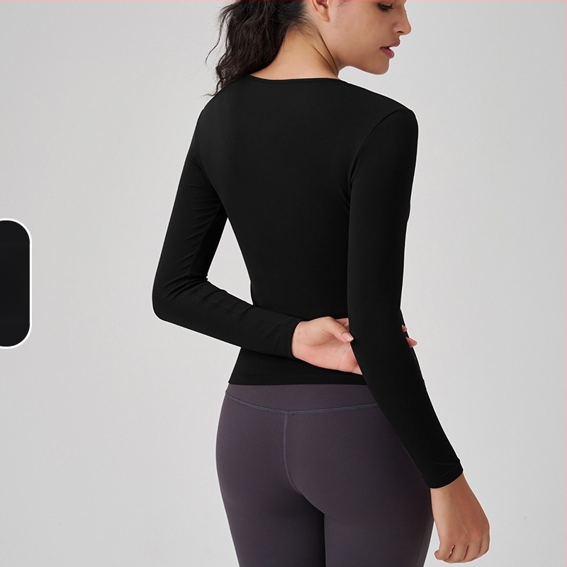 Ženski sportski top s dugim rukavom i okruglim izrezom – uski kroj, prozračan materijal od najlona i spandeksa 91%/9%, dužina do bokova, za trčanje, fitness i jogu