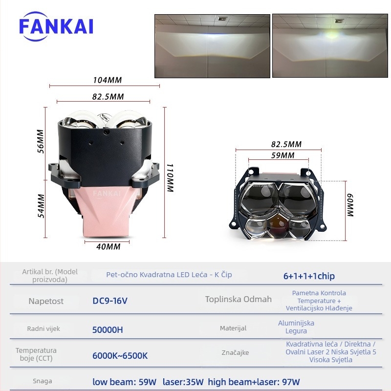 Automobilsko LED svjetlo s direktnim LED-om, kvadratnim ogledalom i prozirnom lećom – 97W, 12V, 13200 lm, 50.000 h, univerzalna kompatibilnost