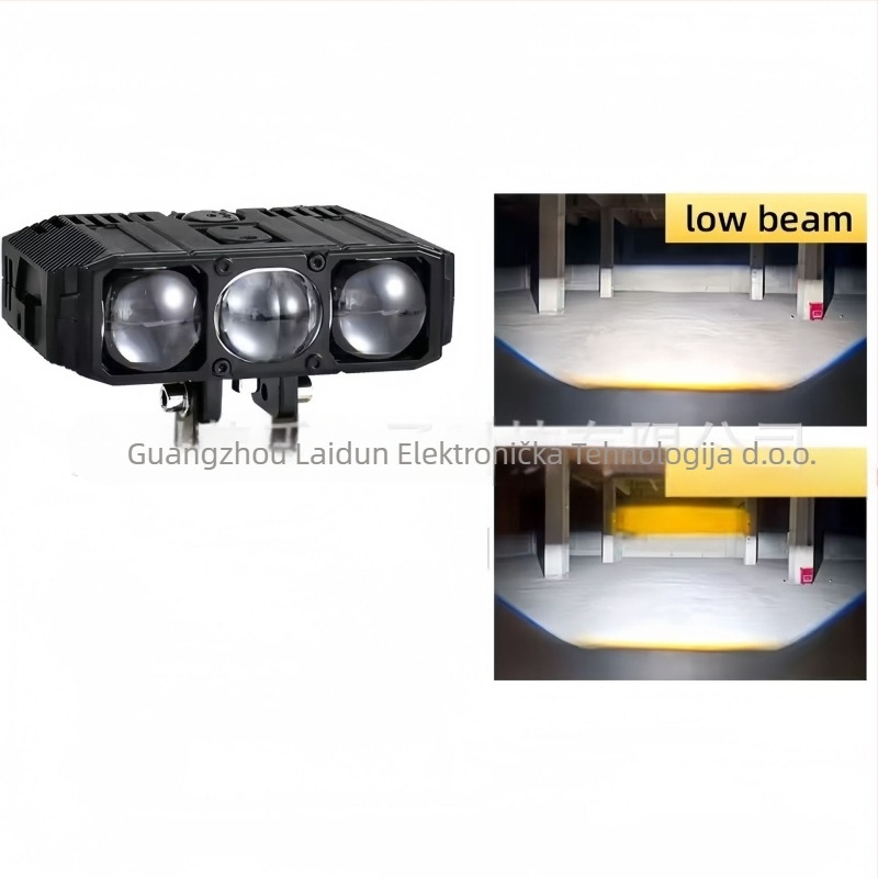 LED reflektor s tri leće – žuto-bijela svjetlost, za automobile, motocikle i električna vozila | 120W, 12V, 12000lm, IP68, domet 1000m