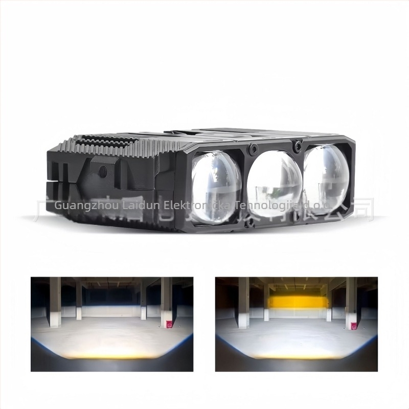 LED reflektor s tri leće – žuto-bijela svjetlost, za automobile, motocikle i električna vozila | 120W, 12V, 12000lm, IP68, domet 1000m