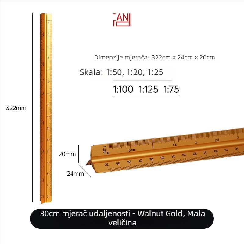 Aluminijsko trokutasto ravnalo s centimetarskom skalom, neto težina 20 g, individualno pakirano