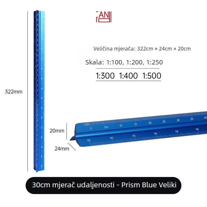 Aluminijsko trokutasto ravnalo s centimetarskom skalom, neto težina 20 g, individualno pakirano