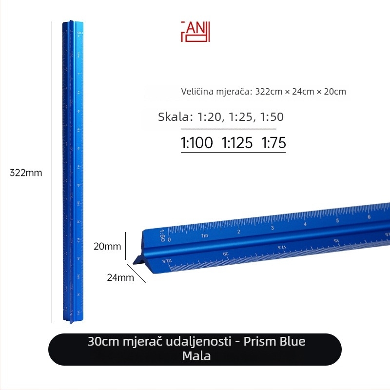 Aluminijsko trokutasto ravnalo s centimetarskom skalom, neto težina 20 g, individualno pakirano