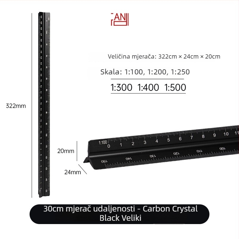 Aluminijsko trokutasto ravnalo s centimetarskom skalom, neto težina 20 g, individualno pakirano