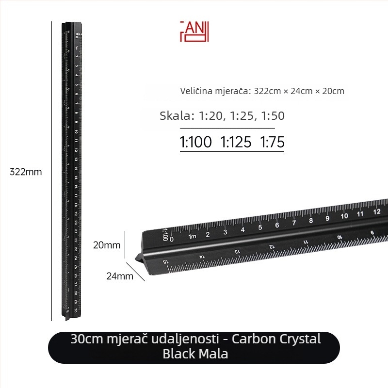Aluminijsko trokutasto ravnalo s centimetarskom skalom, neto težina 20 g, individualno pakirano