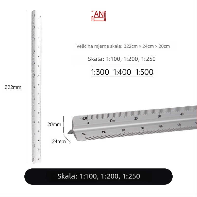 Aluminijsko trokutasto ravnalo s centimetarskom skalom, neto težina 20 g, individualno pakirano