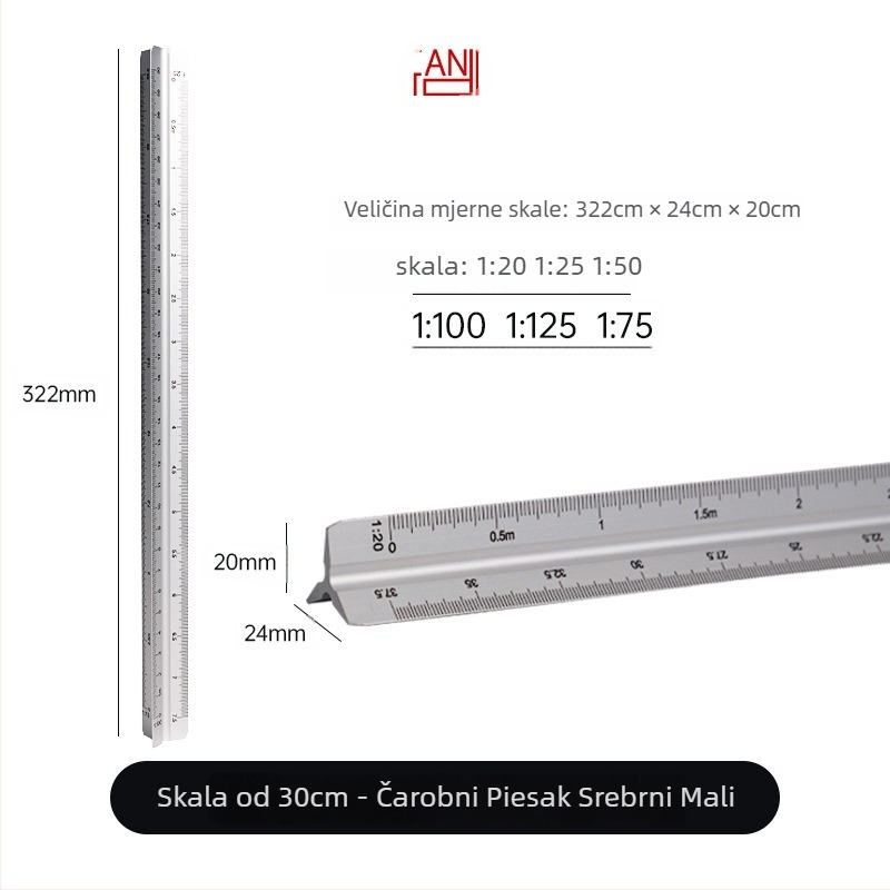Aluminijsko trokutasto ravnalo s centimetarskom skalom, neto težina 20 g, individualno pakirano