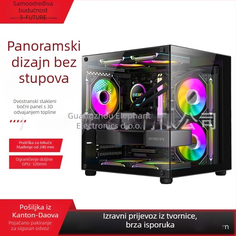 Mini PC kućište bez stupova s prizmi dizajnom — MicroATX kompatibilno, vodeno hlađenje, bočni prozirni panel