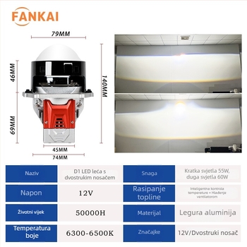 D1 LED auto far s dvostrukom lećom, 3 inča, 60W, integrirano daleko i blizu svjetla