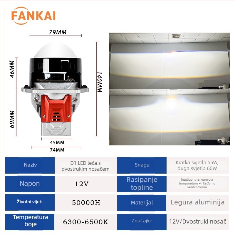 D1 LED auto far s dvostrukom lećom, 3 inča, 60W, integrirano daleko i blizu svjetla