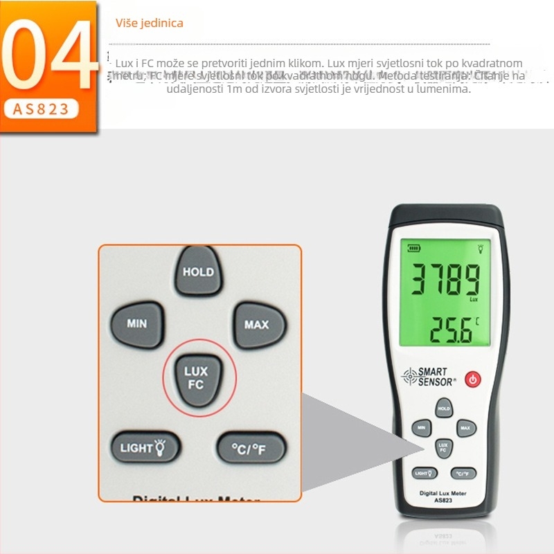 AS823 digitalni mjerač osvjetljenosti, ručni, Hima; raspon 1–200 000 lux; rezolucija 1 lux; uzorkovanje svakih 2 s; napajanje 9V baterija