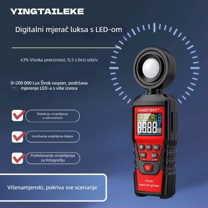 Habotest Digitalni mjerač osvjetljenosti, Visoko precizan LED fotometar s višestrukim izvorom svjetla, Industrijski mjerač svjetline