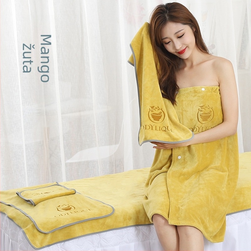 Pet-dijelni luksuzni set ručnika za kozmetički salon: ručnik za lice, ručnik za jastuk, turbanka za glavu, ručnik za krevet i ručnik za tuširanje. Materijal: superfin vlakno; Težina: 420 g; Marka: Muyang; Izrada vlakna: lomljeno obojeno vlakno; Tisak logot