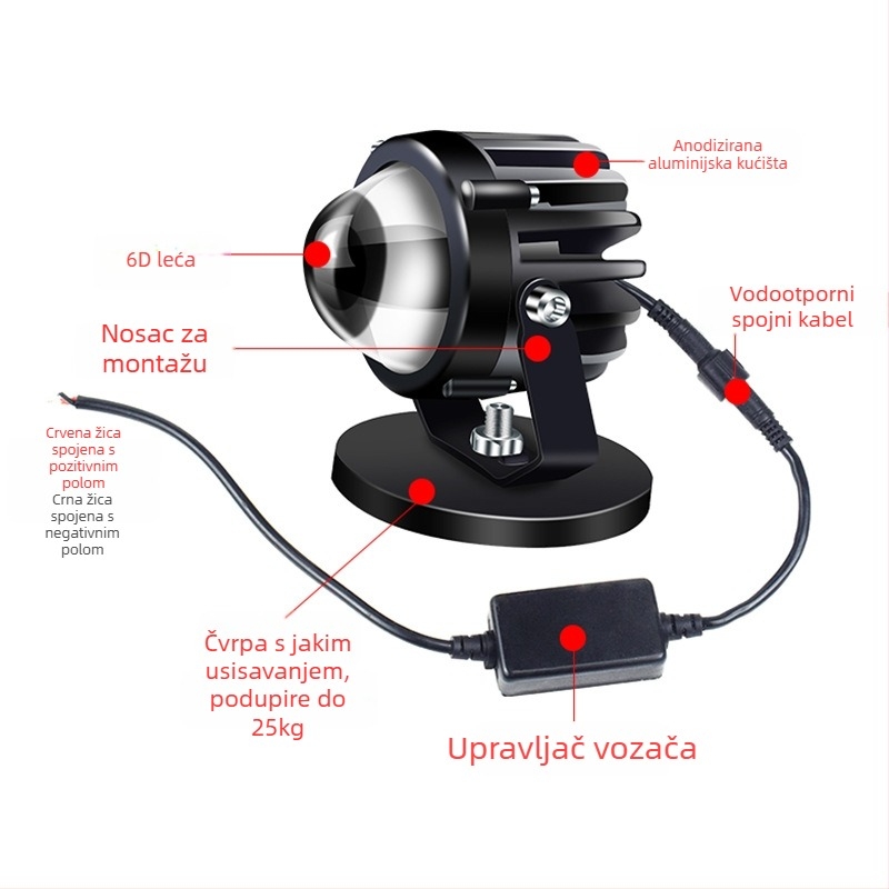 Automobilski LED reflektor visokog snopa, ultra jasna leća, LED izvor 1W, 12–24V, univerzalno za kamione