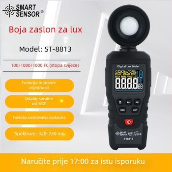 SmartSensor St8813 ručni luxmetar — profesionalni digitalni zaslon, visoka točnost mjerenja osvjetljenja, mjerenje svijećne svjetlosti, napajanje s 3x AAA baterija