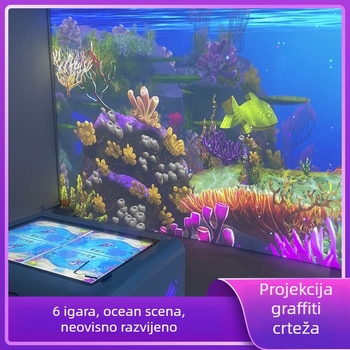 Interaktivna projekcija crtanja na zidu i podu za dječji muzej znanosti i tehnologije – višekorisnička holografska projekcija, rezolucija 1024x768, jasnost 3300 lumena, objektiv 0.8, snaga 350W, napon 220V