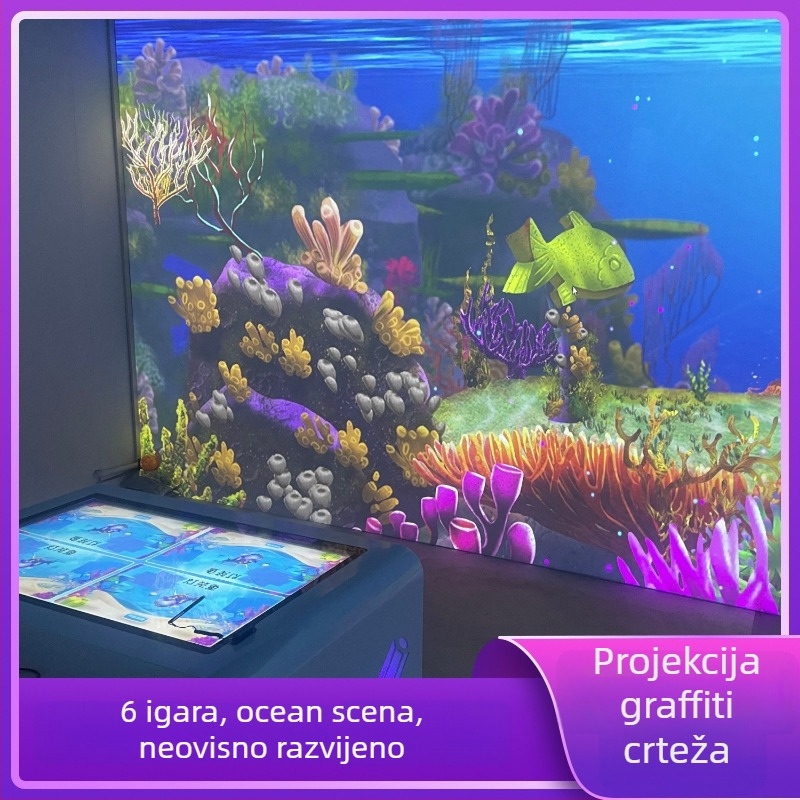 Interaktivna projekcija crtanja na zidu i podu za dječji muzej znanosti i tehnologije – višekorisnička holografska projekcija, rezolucija 1024x768, jasnost 3300 lumena, objektiv 0.8, snaga 350W, napon 220V