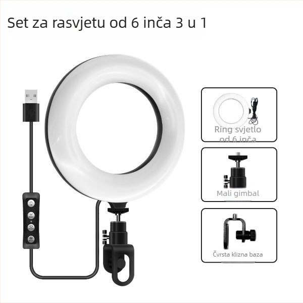 Prenosna LED kružna rasvjeta za videokonferencije, USB napajanje, 5W, RGB, 3000–6000K, regulacija jačine svjetla, 1/4 inčni nosač.