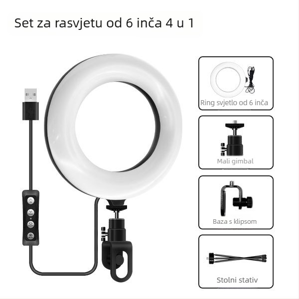 Prenosna LED kružna rasvjeta za videokonferencije, USB napajanje, 5W, RGB, 3000–6000K, regulacija jačine svjetla, 1/4 inčni nosač.