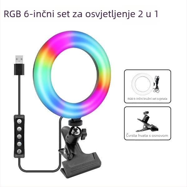 Prenosna LED kružna rasvjeta za videokonferencije, USB napajanje, 5W, RGB, 3000–6000K, regulacija jačine svjetla, 1/4 inčni nosač.