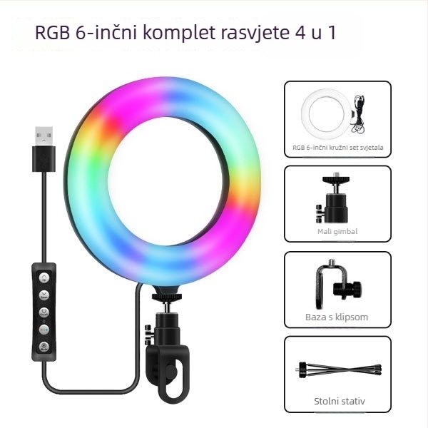 Prenosna LED kružna rasvjeta za videokonferencije, USB napajanje, 5W, RGB, 3000–6000K, regulacija jačine svjetla, 1/4 inčni nosač.