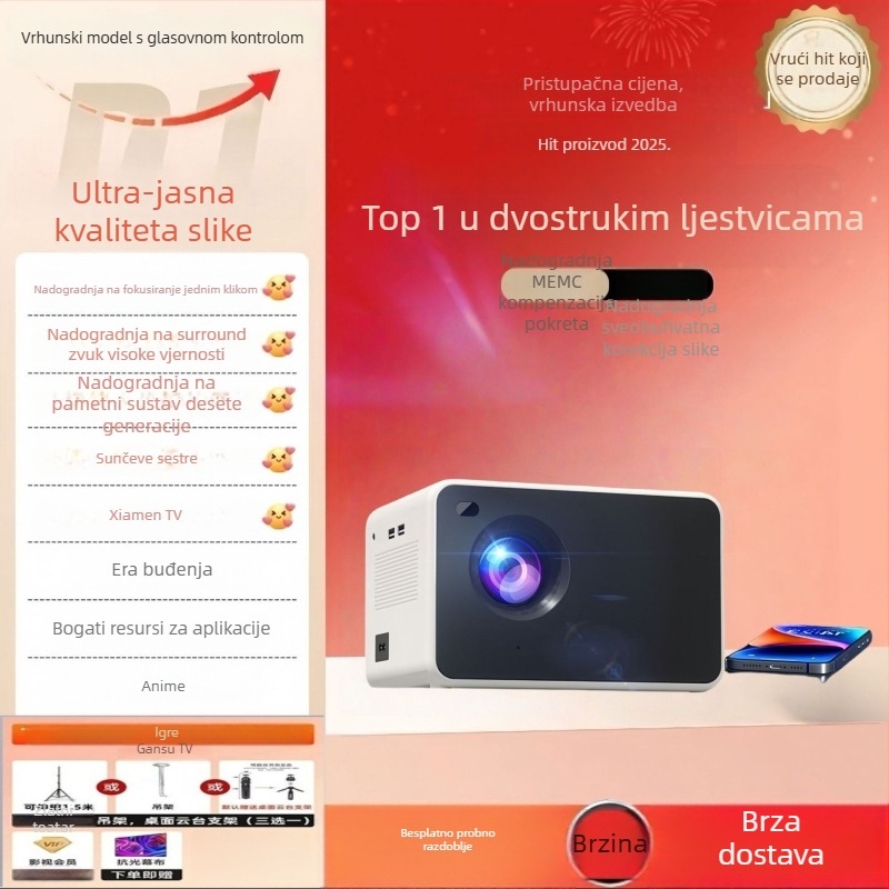 P2 novi model projektor za spavaću sobu i kućni ured, 1080p pametni HD projektor za projekciju na bijelu stijenu, Wi‑Fi i kompatibilan s pametnim telefonom, 100-inčni zaslon