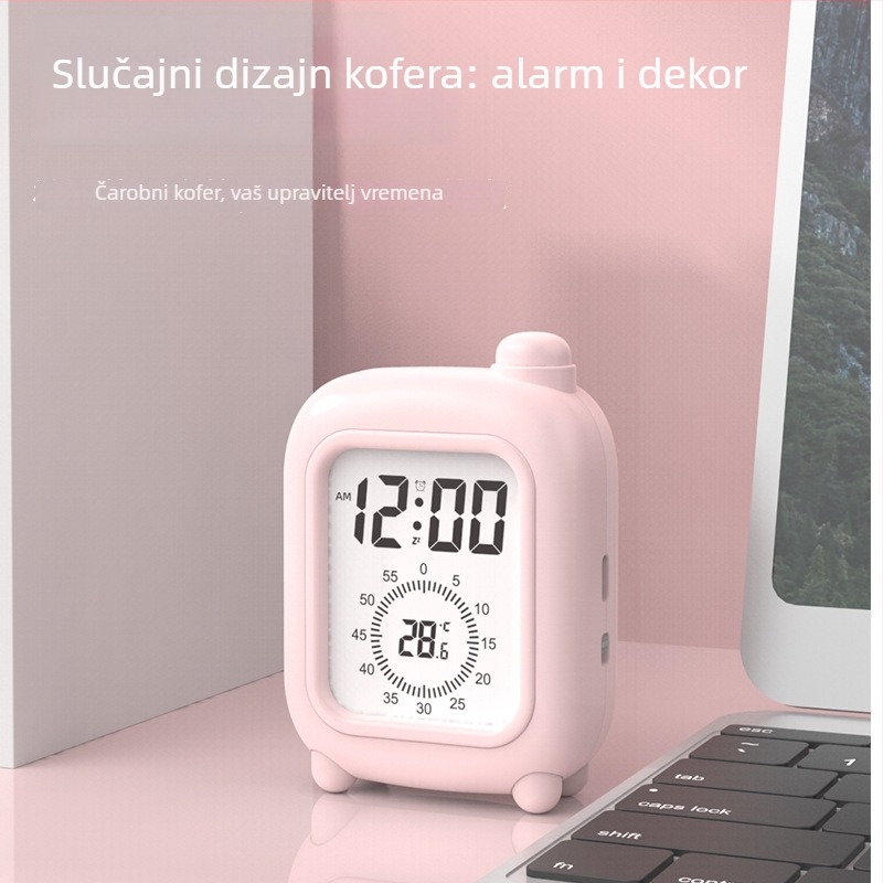 Mini vizualni timer alarm za djecu u obliku kufra – LCD zaslon, vrijeme/temperatura/datum, alarm, odbrojavanje, 24-satni i tjedni prikaz, vanjsko napajanje