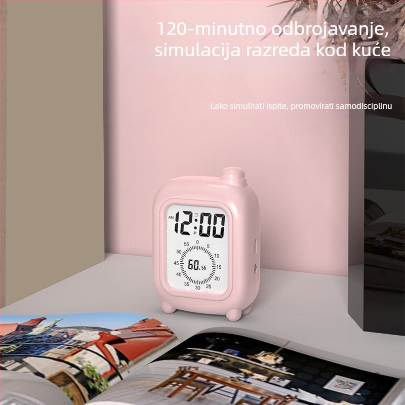 Mini vizualni timer alarm za djecu u obliku kufra – LCD zaslon, vrijeme/temperatura/datum, alarm, odbrojavanje, 24-satni i tjedni prikaz, vanjsko napajanje