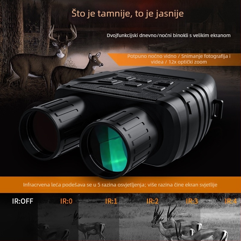 Binokularno noćno gledanje s 12x optičkim povećanjem, infracrveno digitalno noćno viđenje, veliki zaslon