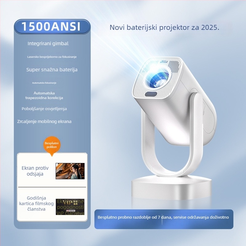 Prijenosni projektor s baterijom, 1080p rezolucija, jačina svjetla 5000 lumena, 80 W snaga