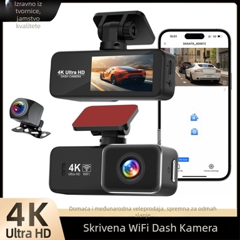 4K dash cam s prednjom i stražnjom dvostrukom kamerom, WiFi, 170° široki kut, GPS, 2,0-inčni zaslon, loop recording