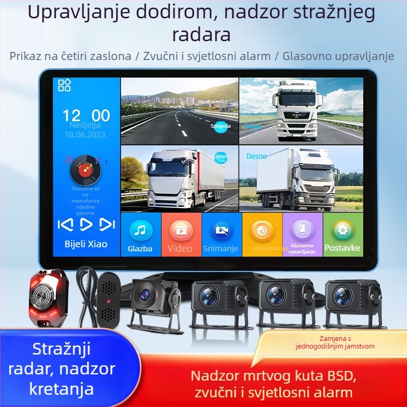 Automobilska dash kamera s visokim noćnim vidom, četiri-kanalnim nadzorom, upozorenje na mrtve kutove, zvučni i svjetlosni alarm, radar za parkiranje unatrag, pet- ili šestokanalan sustav