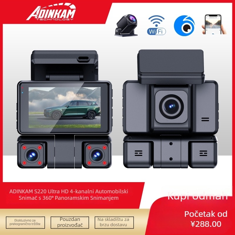 Smart WiFi auto registrator, 4-kanalni s četiri leće, prednja i stražnja snimka, 3,0-inčni zaslon, 1600P, kut snimanja 170°