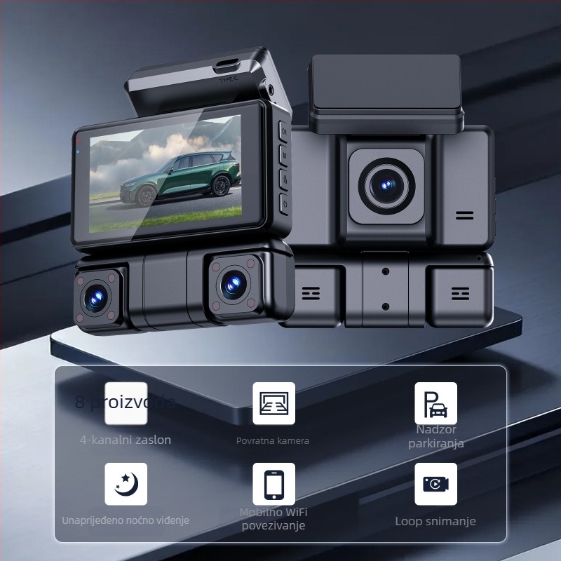 Smart WiFi auto registrator, 4-kanalni s četiri leće, prednja i stražnja snimka, 3,0-inčni zaslon, 1600P, kut snimanja 170°