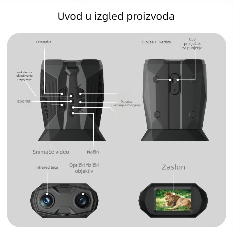 15x noćni uređaj za vidno s velikim LCD zaslonom, IR domet 200 m, video zapis i dnevna/noćna upotreba