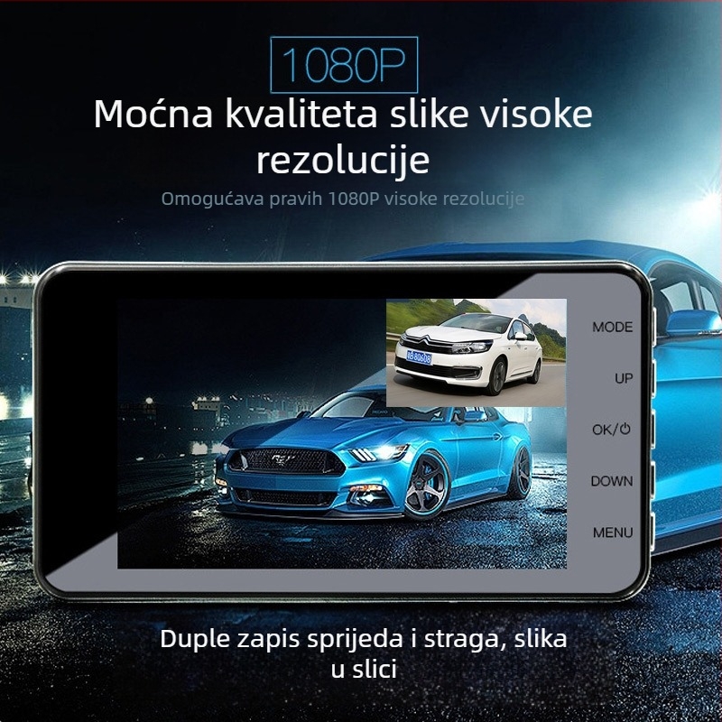 4-inčni metalni A10 zaslon osjetljiv na dodir s dvostrukim objektivom za auto DVR – 1080p, 170° široki kut, noćno snimanje, petlja snimanja