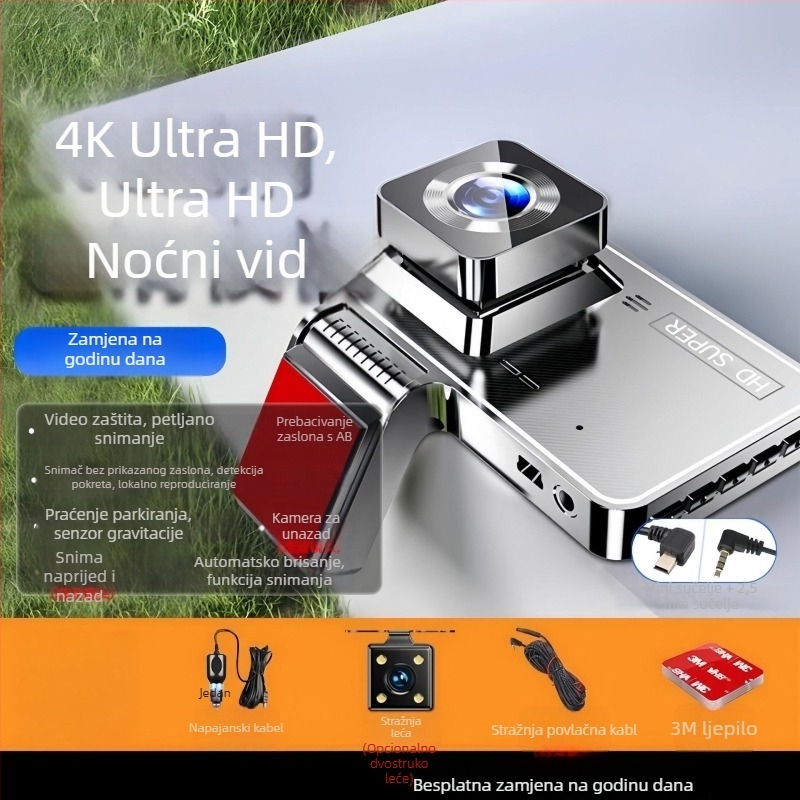 Automobilska dash kamera s prednjim i stražnjim dvostrukim snimanjem, 4K noćno snimanje, 170° široki kut, 2160p video, instalacija bez alata