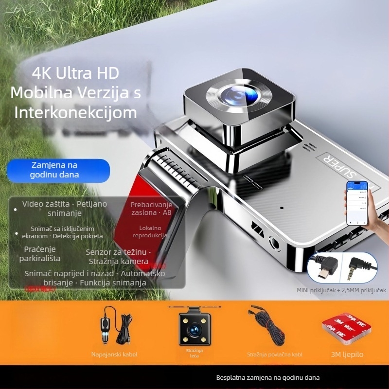 Automobilska dash kamera s prednjim i stražnjim dvostrukim snimanjem, 4K noćno snimanje, 170° široki kut, 2160p video, instalacija bez alata