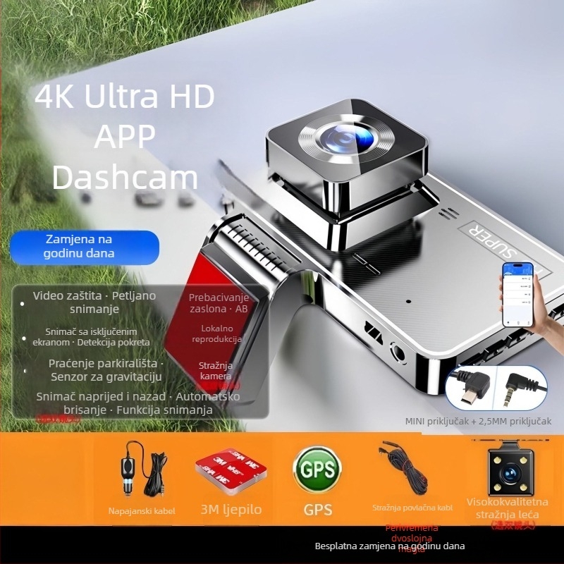 Automobilska dash kamera s prednjim i stražnjim dvostrukim snimanjem, 4K noćno snimanje, 170° široki kut, 2160p video, instalacija bez alata
