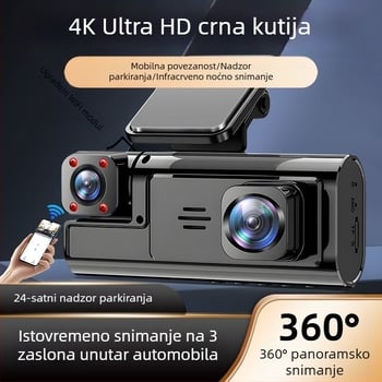 Trokamerijski automobilni dash cam sa zajedničkim zaslonom, 360° panoramski video zapis, 4K Ultra HD, infracrveno noćno videnje