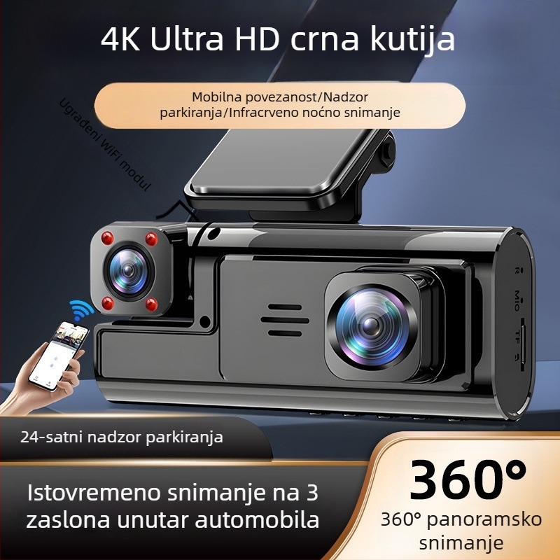 Trokamerijski automobilni dash cam sa zajedničkim zaslonom, 360° panoramski video zapis, 4K Ultra HD, infracrveno noćno videnje