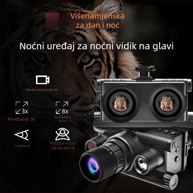 Nošivo infracrveno uređaj za noćni vid na glavi sa 3x optičkim povećanjem i 8x digitalnim zumom, 25 mm objektiv, domet 600 m, težina 375 g